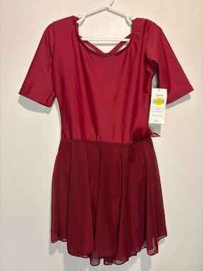 Leveret Girl NWT SK Leotard Maroon 6 Sleeves Criss Cross Back Sheer Skirt XL